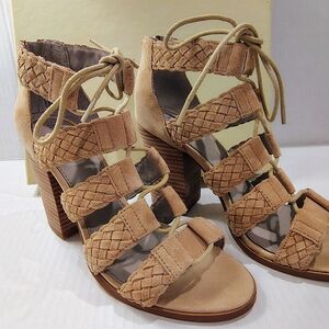 Women's Tan Strappy Heeled Sandals hinge Designed In Seattle